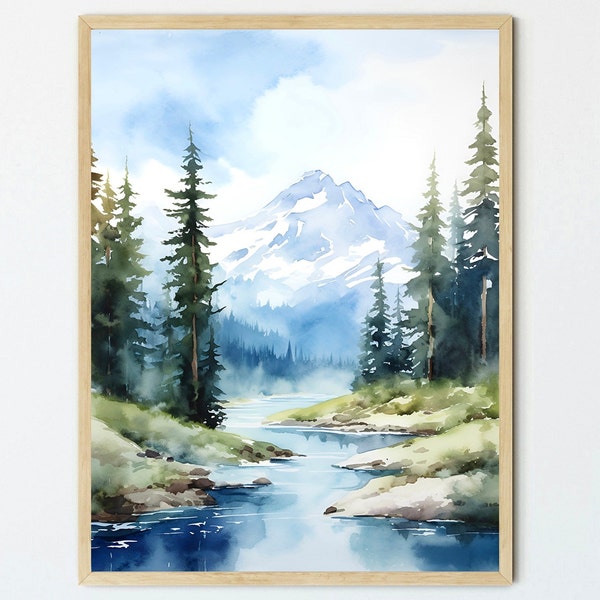 Smoky mountains river print watercolor painting pine tree wall art green forest landscape art foggy mountains wall art