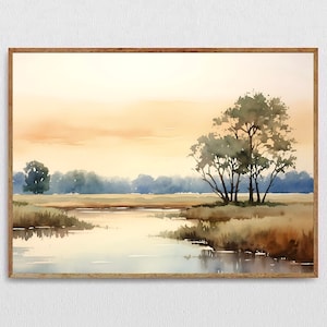 Sunset Painting Watercolor Art Print Panoramic Landscape Art Sunrise Sky Painting Large Nature Wall Art Modern Living Room Decor