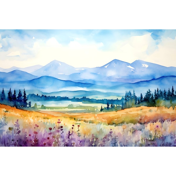 Panoramic blue mountain valley watercolor art print misty rolling hills landscape painting large indigo navy panoramic retro art print