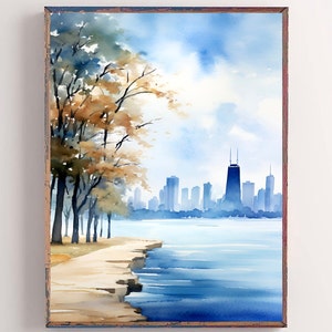 Chicago Downtown Art Print Watercolor Painting Illinois Poster Large Watercolor Skyline Beige Blue Wall Art Modern Travel Gift