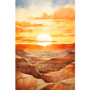 Badlands National Park Painting Sunrise Watercolor Art South Dakota Landscape Orange Yellow Poster Mountain Valley Art Nature Wall Art