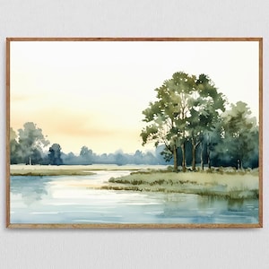Sunset Lake Art Print Watercolor Painting Large Panoramic Landscape Tree Nature Poster Yellow Green Wall Art Abstract Nature Print
