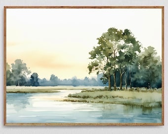 Sunset Lake Art Print Watercolor Painting Large Panoramic Landscape Tree Nature Poster Yellow Green Wall Art Abstract Nature Print