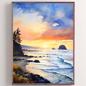 Cannon Beach Wall Art Oregon Watercolor Painting Sunset Art Print Coastal Wall Art Seascape Painting Oregon Travel Gift