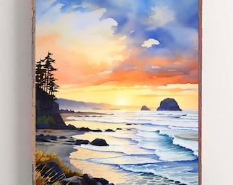 Cannon Beach Wall Art Oregon Watercolor Painting Sunset Art Print Coastal Wall Art Seascape Painting Oregon Travel Gift