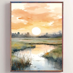 Sunrise watercolor print large neutral painting yellow green landscape abstract vertical art print small river wall art boho wall decor