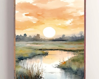 Sunrise watercolor print large neutral painting yellow green landscape abstract vertical art print small river wall art boho wall decor