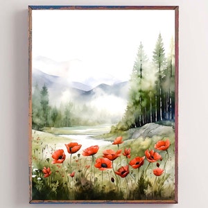 Watercolor poppy floral print Iceland poppies painting abstract wildflower landscape poppy flower art pink green poster poppy home decor