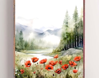 Watercolor poppy floral print Iceland poppies painting abstract wildflower landscape poppy flower art pink green poster poppy home decor
