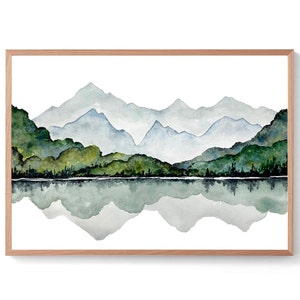 Mountains painting large panoramic landscape watercolor art print minimalist lake print blue green wall art horizontal mountain poster