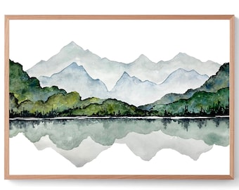 Mountains painting large panoramic landscape watercolor art print minimalist lake print blue green wall art horizontal mountain poster