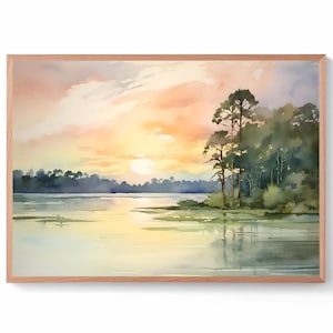 Apopka Lake Print Florida Watercolor Painting Forest Lake Landscape Panoramic Wall Art Minimalist Art Prints Orlando Travel Poster