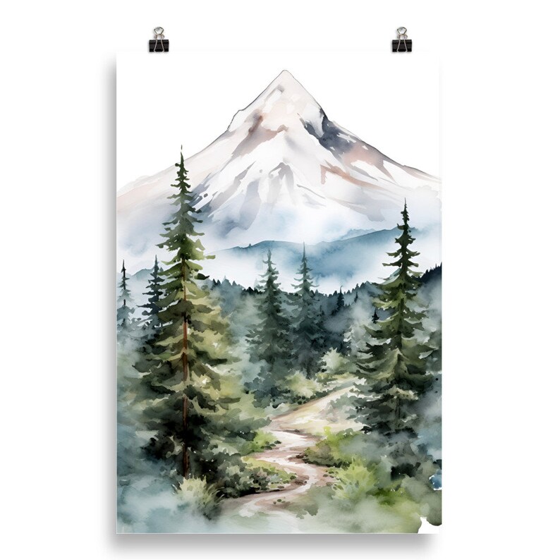 Mount Hood Painting Oregon Watercolor Art Print Mountain Forest Poster ...