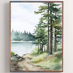 Athabasca River Painting Canada Wall Art Mountain River Print Watercolor Painting Pine Forest Landscape Nature Poster