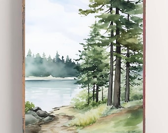 Athabasca River Painting Canada Wall Art Mountain River Print Watercolor Painting Pine Forest Landscape Nature Poster