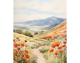 California Hills Print California Poppies Watercolor Painting Wildflowers Field Art Boho Wall Art Floral Landscape Art Print