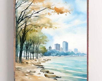 Chicago Painting Watercolor Art Print City Skyline Painting Urban Landscape Wall Art Illinois Watercolor Neutral Poster