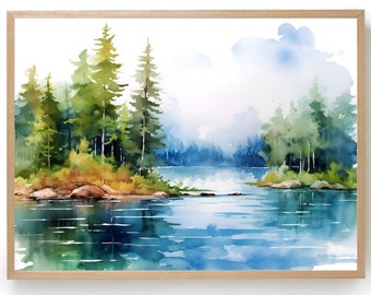 Lake Michigan Watercolor Print: Forest Landscape Wall Art