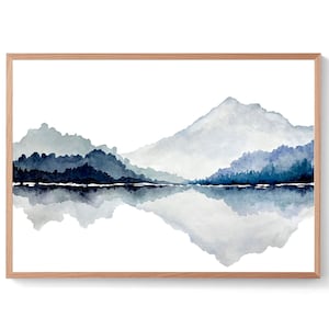 Indigo blue print large watercolor landscape minimalist wall art mountain lake painting panorama art print moody blue poster