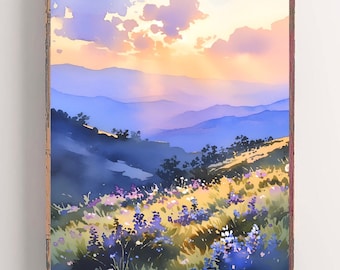Big Bend National Park Sunset Print Watercolor Painting Texas Travel Poster Wildflowers Art Mountain Landscape Painting Southwestern Decor