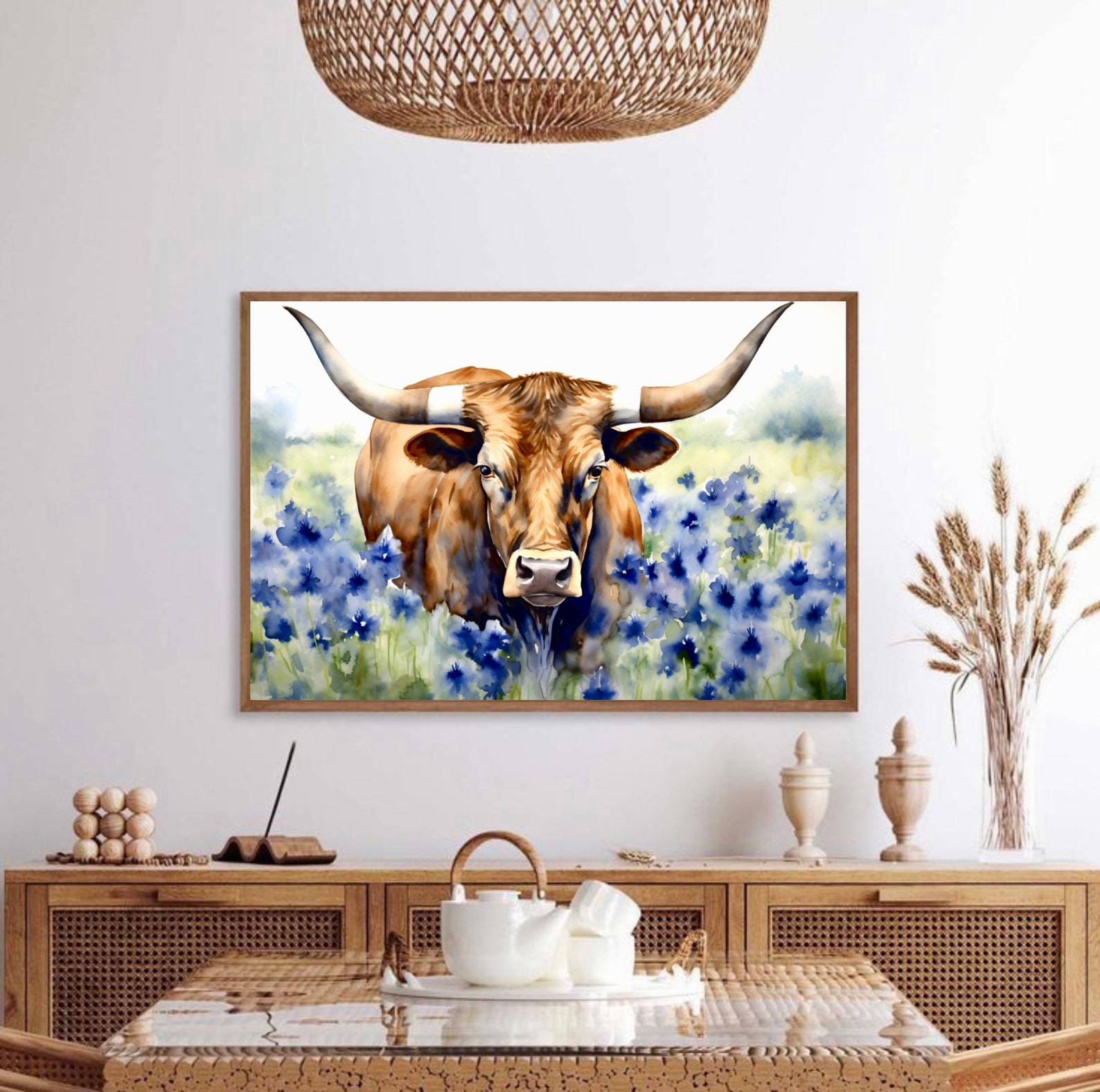 Texas Longhorn Cow Print Watercolor Wall Art Hill Country Bluebonnet ...