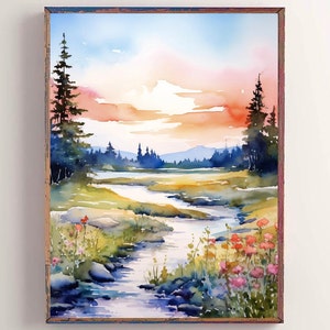 Idaho sunset print forest river landscape watercolor pine tree art misty mountain poster pink blue green wall art nature travel painting