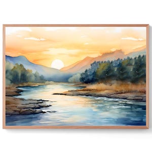 Roanoke River Watercolor Art Print Blue Ridge Mountains Landscape Panoramic Wall Art North Carolina Painting Northwest Poster
