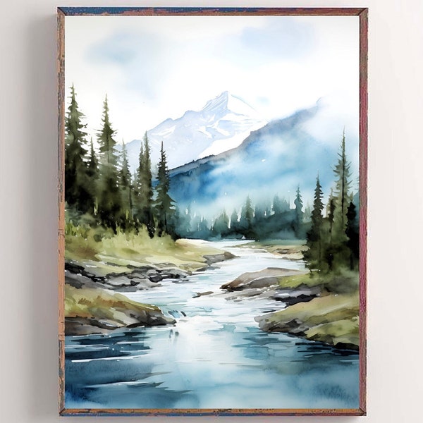 Grand Teton park mountain lake art watercolor landscape painting pine tree wall art blue green prints pine forest art minimalist wall decor