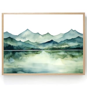 May include: A watercolour painting depicting a mountain range reflected in a tranquil lake. The mountains are a muted green and blue, with a soft, hazy effect. The lake is a light blue with a hint of green, and the reflection of the mountains is clear and crisp.