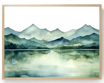 Abstract Mountain Lake Watercolor Print Green Wall Art Panoramic Landscape Minimalist Wall Art Mountains Painting Large Nature Art Print