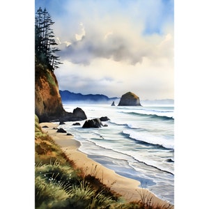 Cannon Beach Painting Oregon Coast Art Watercolor Art Print Coastal Wall Art Seaside Painting Ocean Landscape Art Beach House Decor