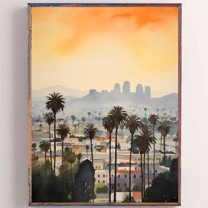 Los Angeles Painting California Watercolor Art Print Cityscape Wall Art Vertical Sunset Painting Housewarming Gift