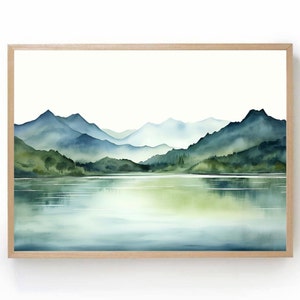 Norway Watercolor Painting Mountain Lake Print Sage Green Wall Art Large Minimalist Art Panorama Landscape Print