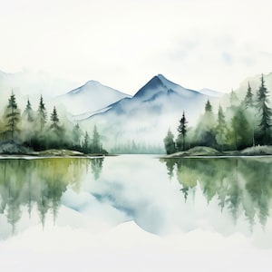 May include: Watercolor painting of a misty mountain landscape with a lake reflecting the trees and mountains. The painting is done in shades of blue, green, and white.
