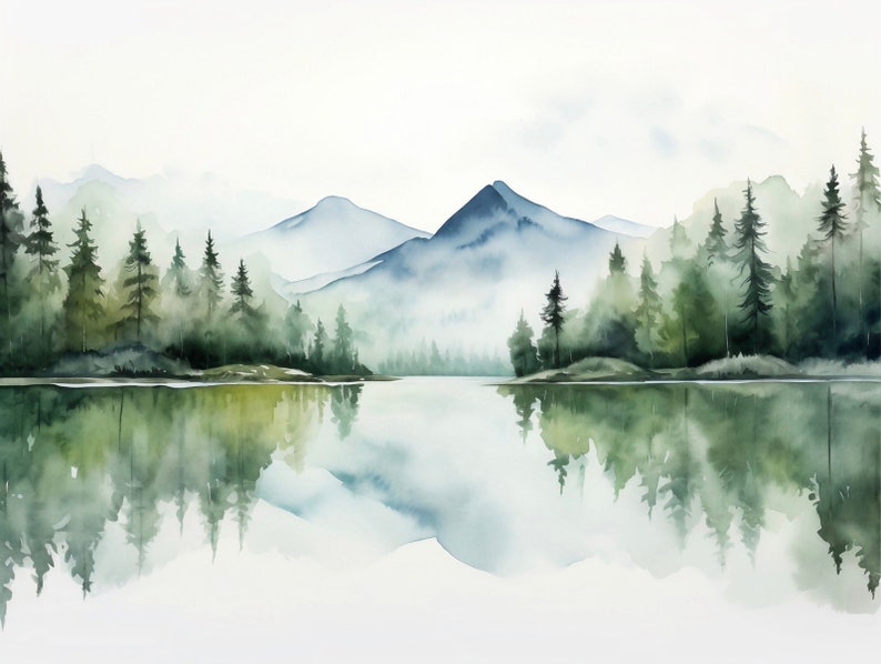May include: Watercolor painting of a misty mountain landscape with a lake reflecting the trees and mountains. The painting is done in shades of blue, green, and white.