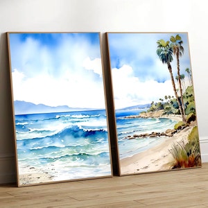 San Diego Wall Art Set of 2 Beach Print Ocean Waves Watercolor Painting California Coast Print Neutral Wall Decor Panoramic Landscape Print