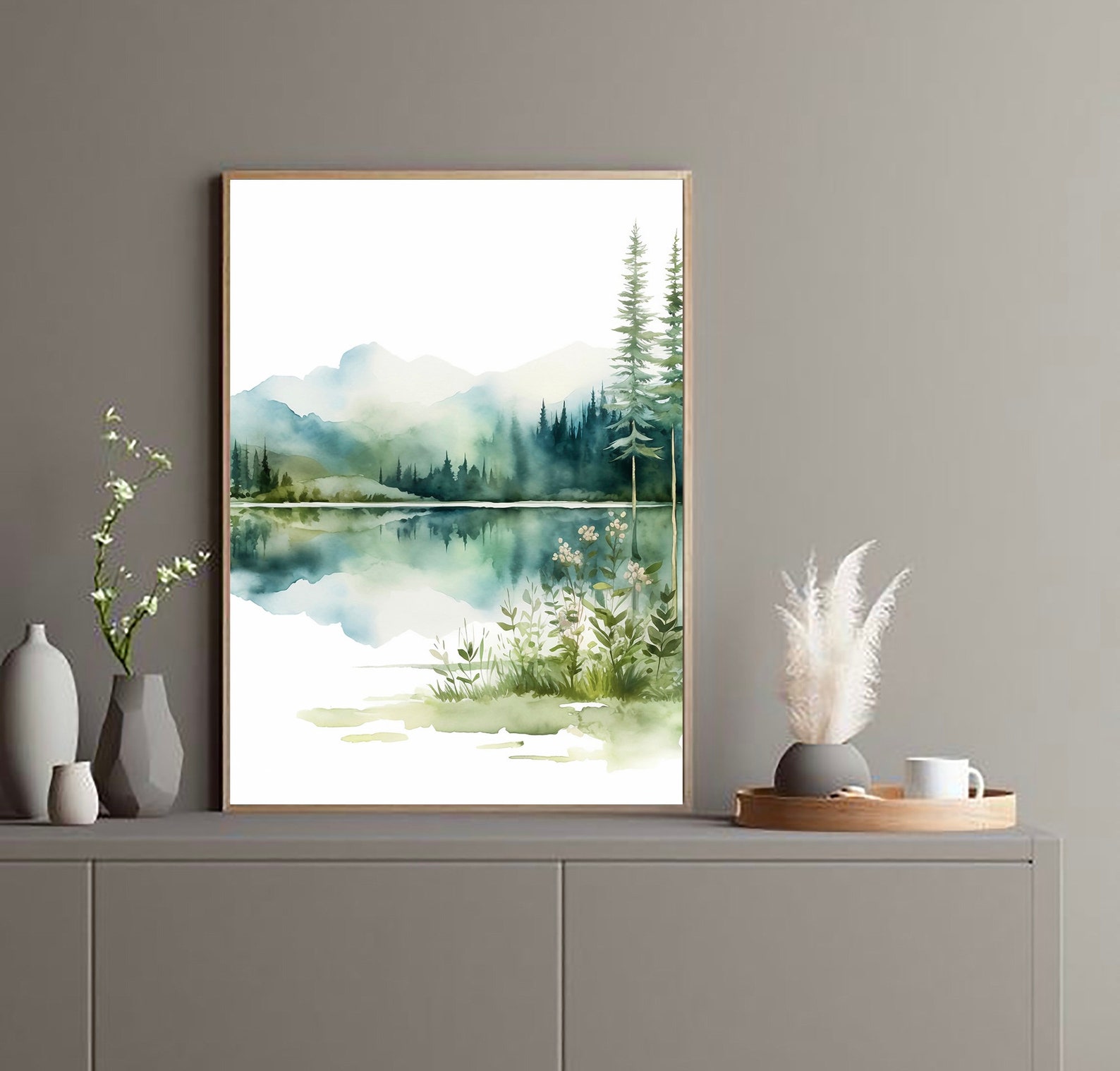 Forest Lake Painting Mountain Panorama Art Sunrise Forest Watercolor ...
