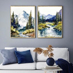 Set of 2 Mountain River Prints Watercolor Large Painting Minimalist ...