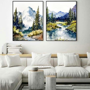 Set of 2 Mountain River Prints Watercolor Large Painting Minimalist ...
