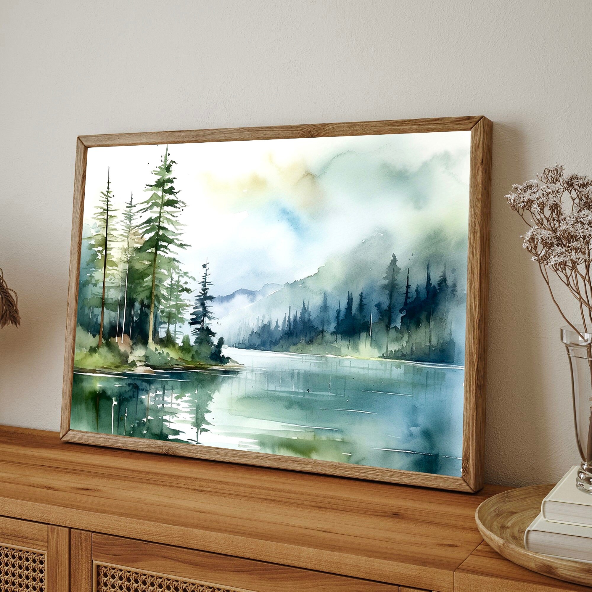 Sunrise Forest Lake Print Blue Green Watercolor Painting Pine Tree Wall ...