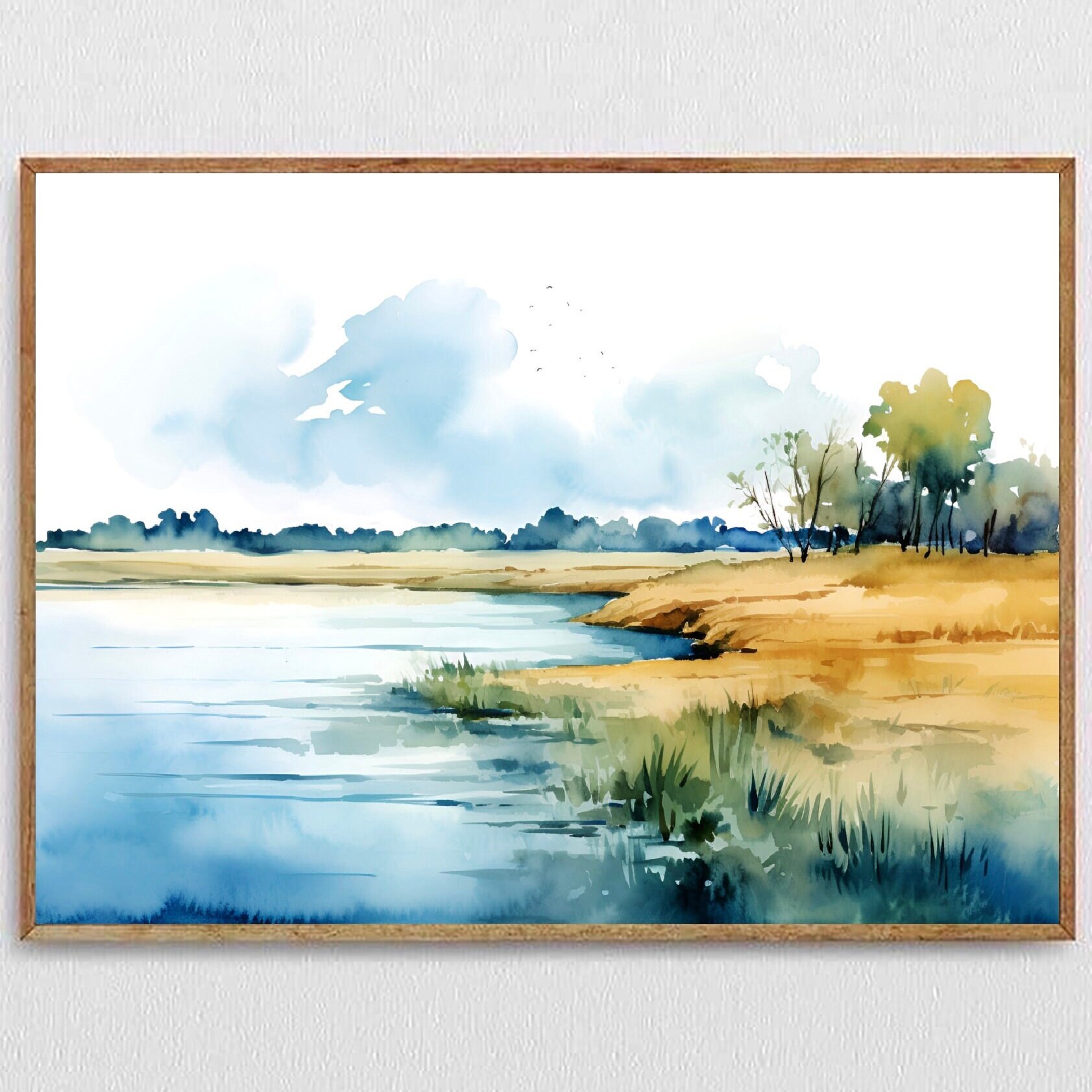 Red River Watercolor Art Print North Dakota Landscape Panoramic Wall Art Water Trail Poster Blue Yellow Wall Decor
