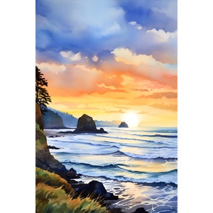 Cannon Beach Painting Oregon Coast Wall Art Sunset Watercolor Print Haystack Rock Poster Ocean Fine Art