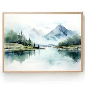 Panoramic green lake watercolor art print watercolour forest reflection wall art panorama large forest lake painting landscape wall art