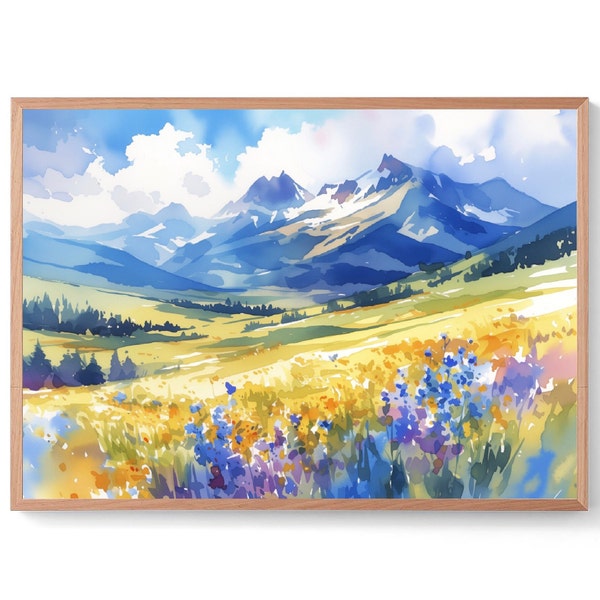 Aspen Mountain Painting Blue Yellow Watercolor Art Print Colorado Landscape Wall Art Mountain Forest Artwork Hiking Travel Gift