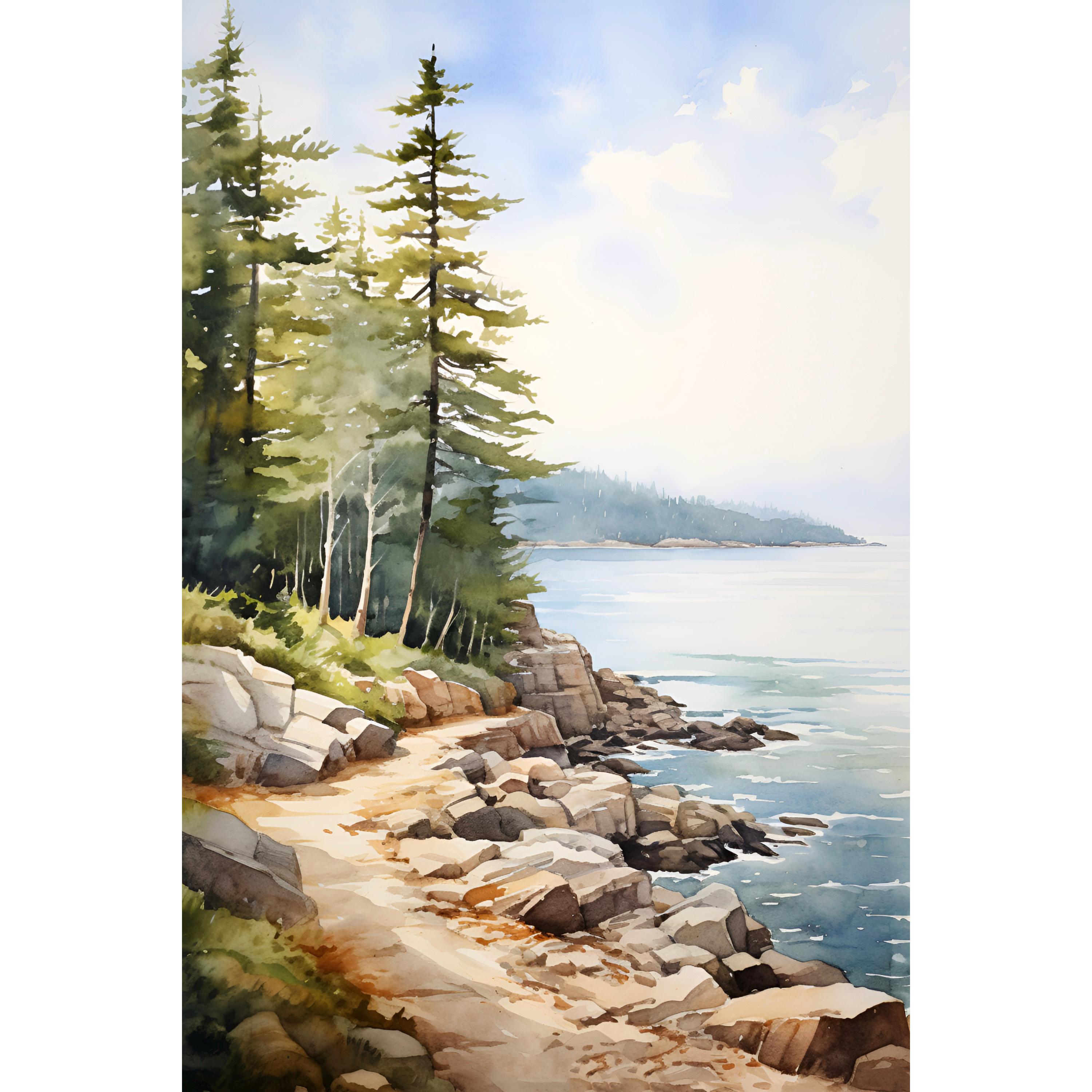 Isle Royale National Park Poster Superior Lake Watercolor Painting Pine Tree Wall Art Michigan Landscape Print Large Minimalist Painting