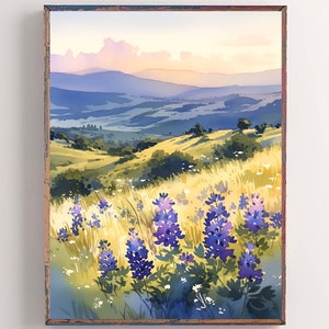 Native Texas Painting Texas Hill Country Watercolor Art Print Bluebonnet Landscape Fine Art Print Wildflowers Wall Art