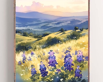Native Texas Painting Texas Hill Country Watercolor Art Print Bluebonnet Landscape Fine Art Print Wildflowers Wall Art