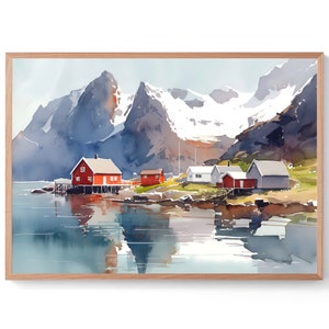 Lofoten Islands Painting Norway Seaside Watercolor Art Print Panoramic Landscape Wall Art Mountain Artwork Norwegian Print Travel Poster
