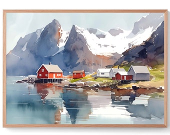 Lofoten Islands Painting Norway Seaside Watercolor Art Print Mountain Landscape Wall Art