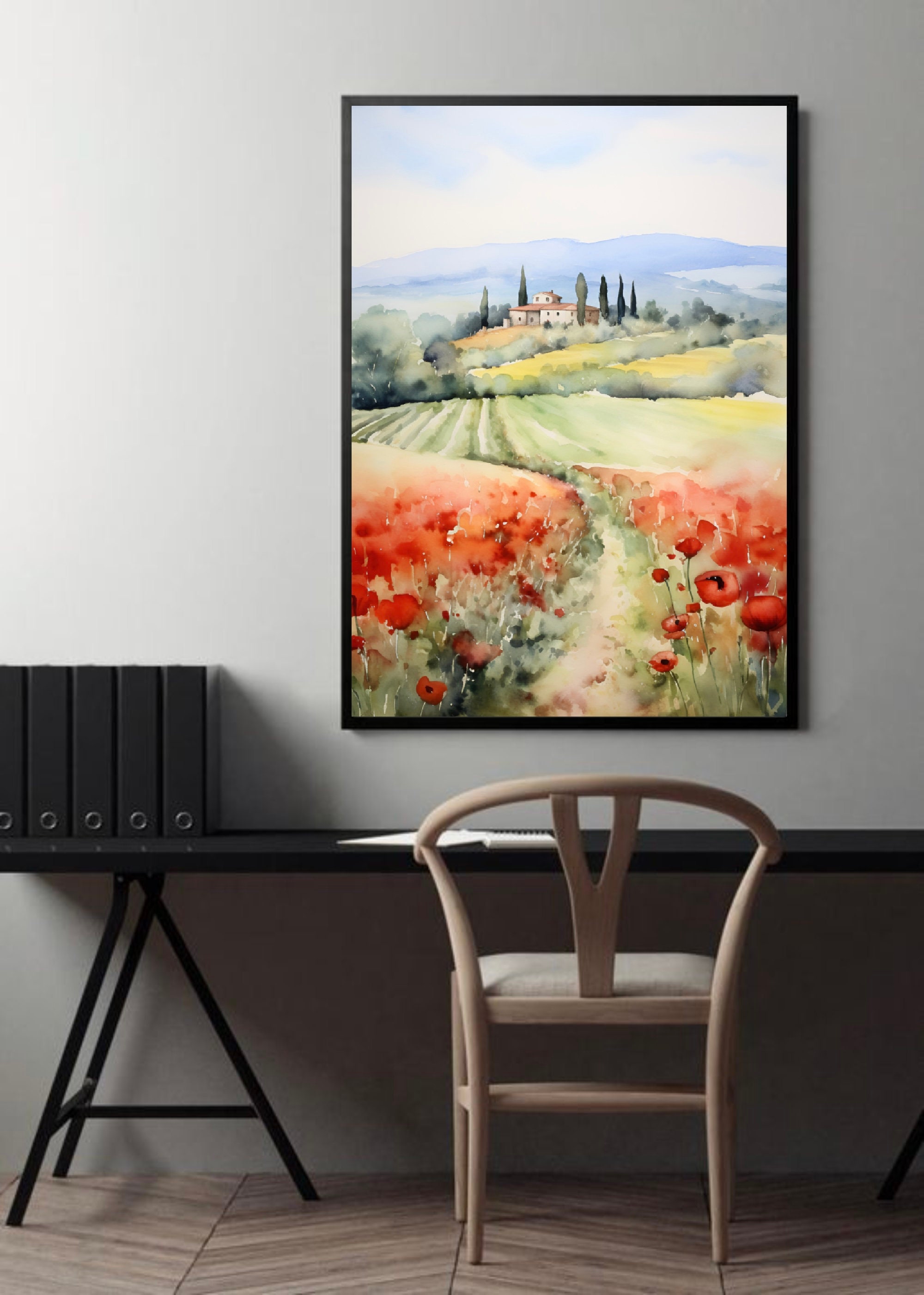 Tuscany Poppy Print Italy Watercolor Painting Italian Landscape Art ...